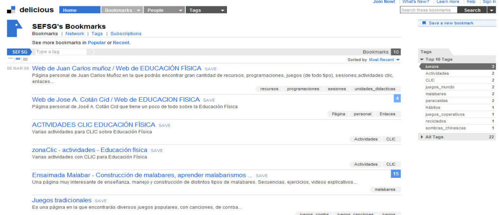 P�gina de selecci�n de favoritos del Seminario de Educaci�n F�sica de Segovia